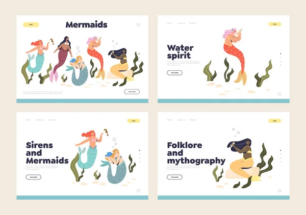Landing Pages mit Meerjungfrauen, Sirenen und Wassernymphen mit langen bunten Haaren und Fischschwänzen — Stockvektor