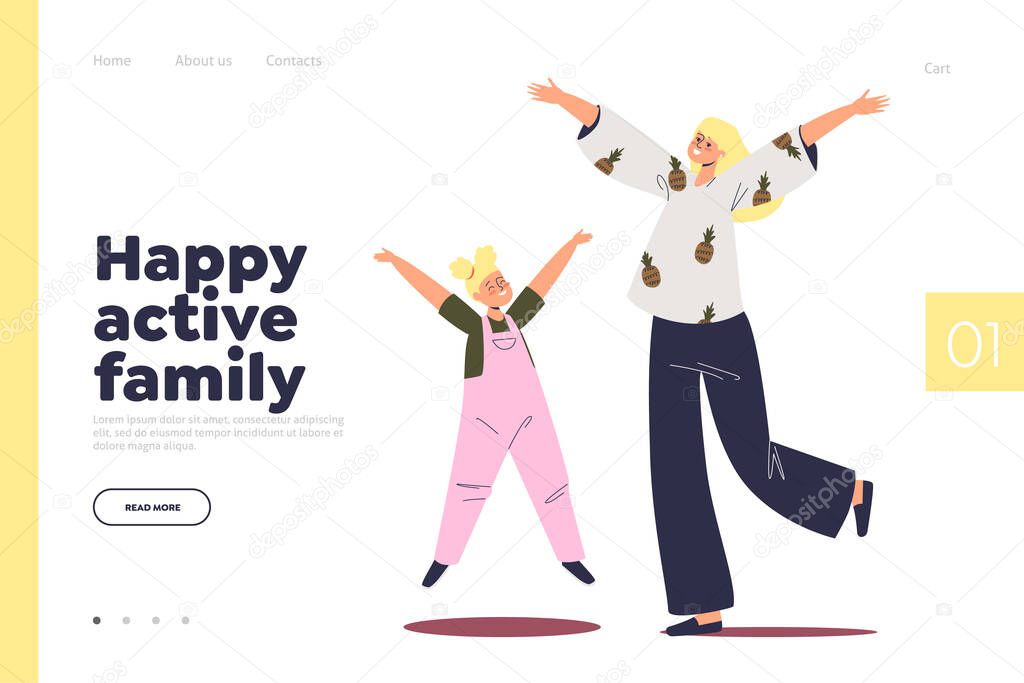 Happy active family concept of landing page with cheerful mom and daughter jump up in air