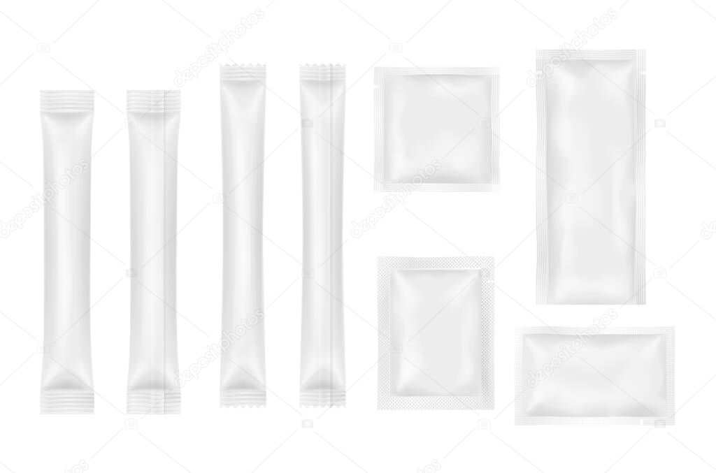 Set of sachets for products, food, cosmetics or medicine package. Template plastic containers