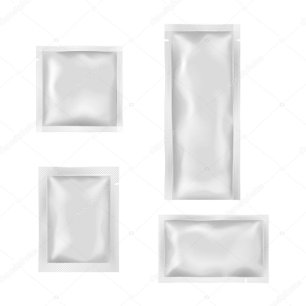 Blank white sachets for wet wipes, sauces or spices, easy tear sealed, rectangular plastic packages