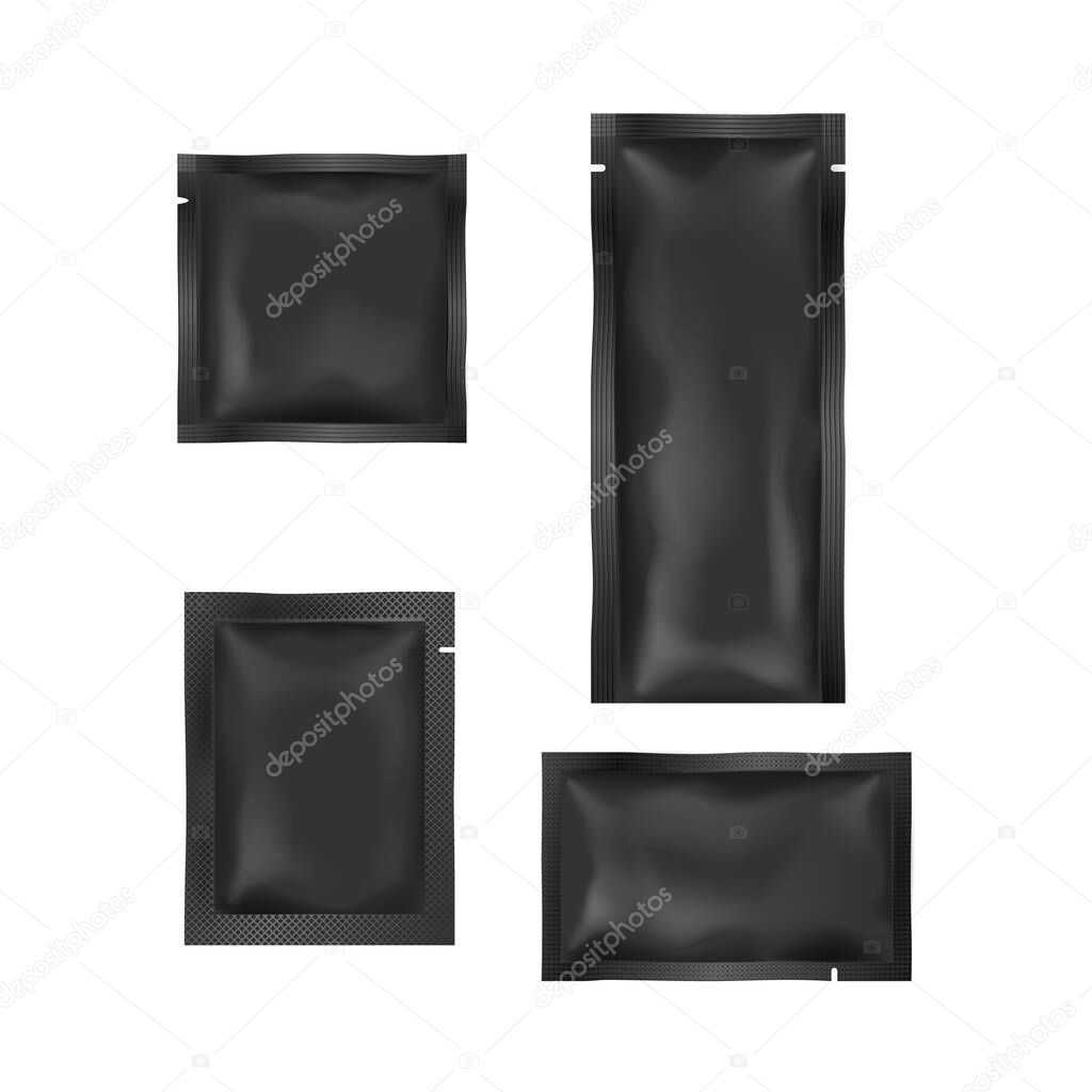 Blank plastic, foil or polythene sachets for wet wipes, sauce, shampoo samples isolated