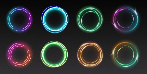 Conjunto de círculos brillantes, anillos brillantes de luz degradada de colores aislados sobre fondo transparente — Archivo Imágenes Vectoriales