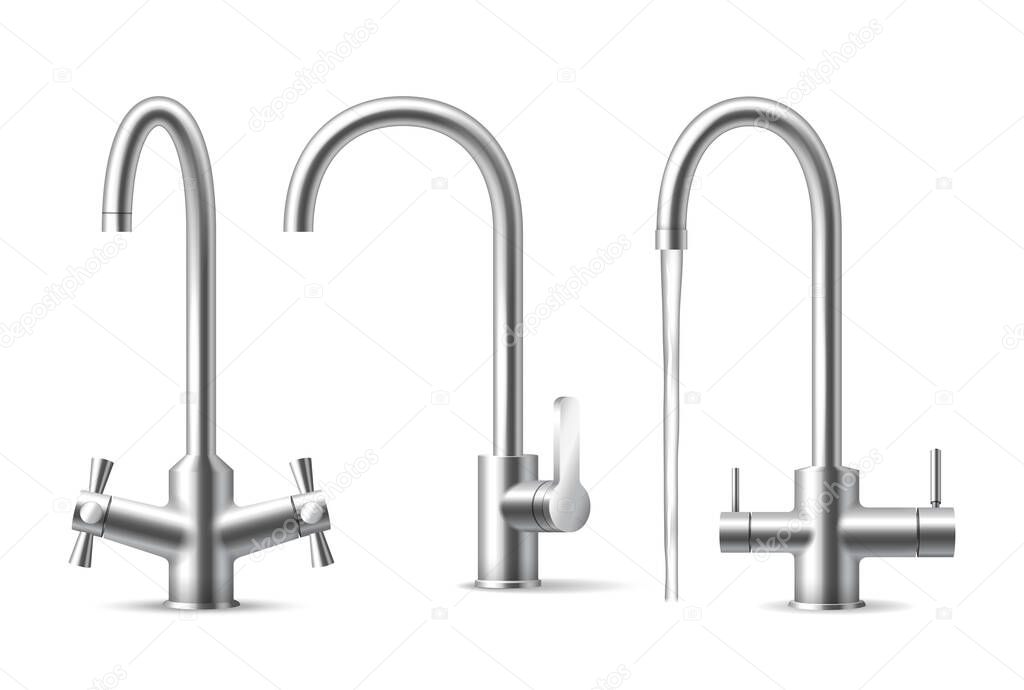 Water tap realistic. Aqua chrome kitchen utensil, steel faucet set. Metal stainless crane