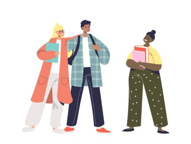 Sınıf arkadaşları neşeli konuşmalar yapıyor. Okula dönen mutlu çocuklar. Gençler okul çocuklarıyla tanışıyor