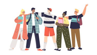 Bir grup mutlu çocuk, okul arkadaşları birlikte. Sırt çantaları ve kitapları olan çeşitli genç öğrenciler.