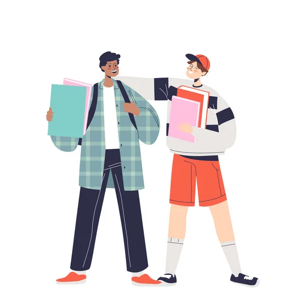 Dos chicos están juntos y hablan. Amigos de la escuela, escolares adolescentes con mochilas y libros — Vector de stock