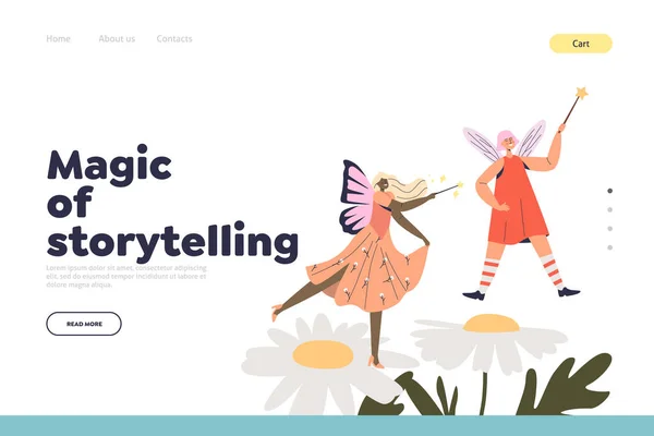 Magic of storytelling concetto di landing page con simpatiche fate, elfi della foresta, pixies floreali — Vettoriale Stock