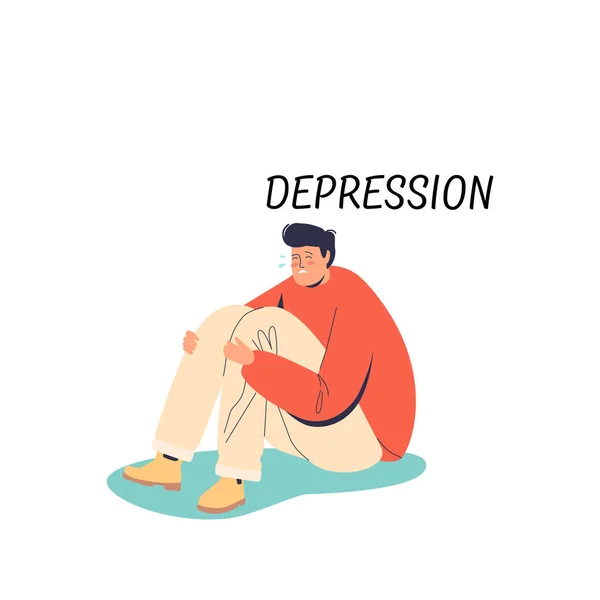 Osamělý úzkostlivý muž na podlaze. Stádium deprese přijetí. Zoufalé zoufalství mužské kreslené postavičky — Stockový vektor
