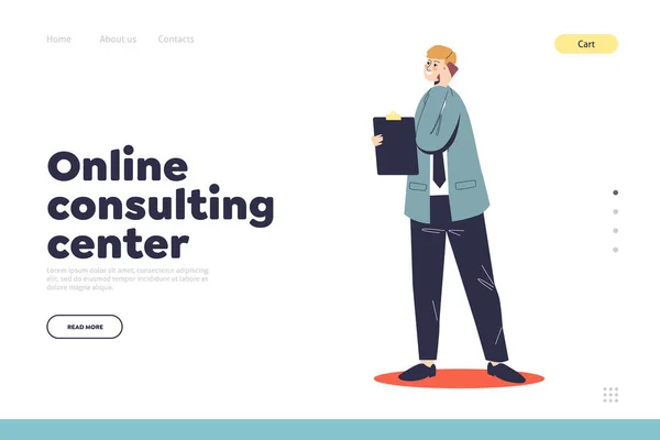 Conceito de centro de consultoria on-line de landing page com conversa séria do trabalhador no smartphone com o cliente — Vetor de Stock