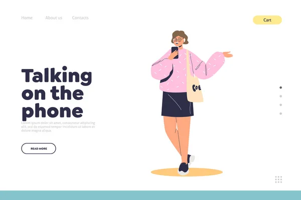 Praten over telefoon concept van de landing page met jonge vrouw spreken op de smartphone met behulp van videogesprek — Stockvector