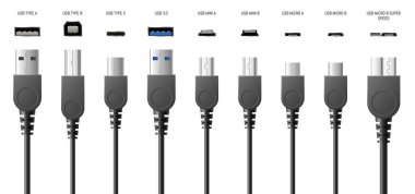 USB, A, B ve tip C prizleri, soketler veya evrensel bilgisayar kablo bağlantıları 3d gerçekçi