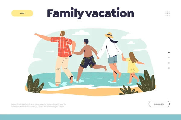 Conceito de férias em família da landing page com pais e filhos viajam juntos no resort tropical do mar — Vetor de Stock