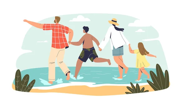 Große Familie zusammen im Urlaub am Meer. Eltern und zwei Kinder laufen händchenhaltend am Strand — Stockvektor