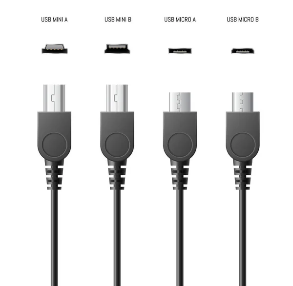 Câbles et prises USB réglés réaliste. Bouchons de connecteur pour la recharge du smartphone ou la connexion des appareils — Image vectorielle