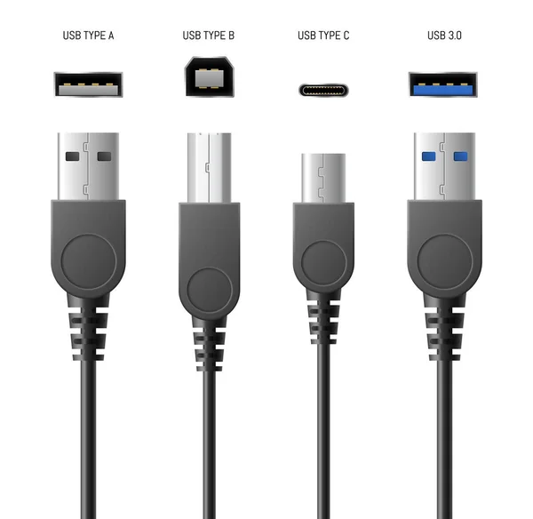 Conectores de cable USB realistas, cargadores de teléfonos inteligentes con tipos modernos de enchufes y enchufes — Vector de stock