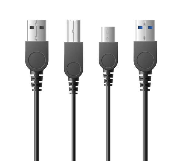 USB tipo A, C, micro usb, super velocità e connettore cavo fulmine 3d realistico — Vettoriale Stock