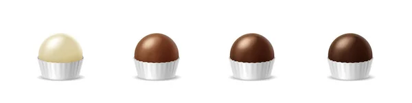Realistische Schokoladenbonbons Set aus weißer, Milch und dunkler Schokolade Geschmack in Papierverpackung isoliert auf weißem Hintergrund — Stockvektor