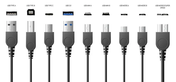 Βύσματα USB, A, B και τύπου C, υποδοχές ή καθολικοί συνδετήρες καλωδίων υπολογιστών 3d ρεαλιστικό — Διανυσματικό Αρχείο