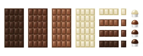 Шоколадні батончики, шматочки та цукерки. Реалістичні темні шматочки молочного темно-білого шоколаду — стоковий вектор