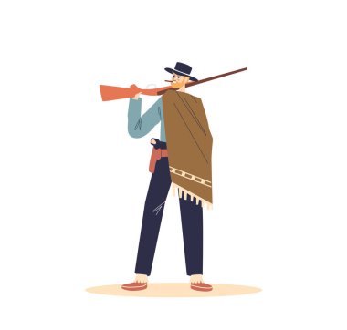 Cowboy man holding gun. Wild west male cartoon character dressed in country style wear