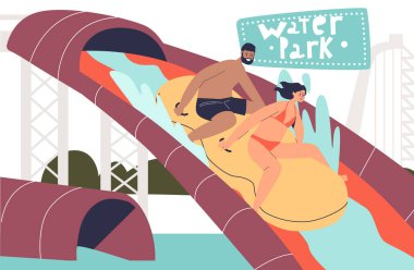 Young couple have fun in water park sliding tube waterslides together splashing in pool