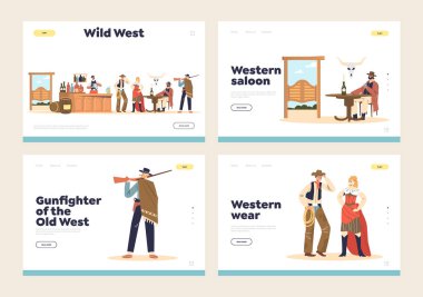 Wild west characters and western saloon concept of set of landing pages with cowboys people
