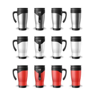 Set of realistic travel mugs, thermoses for car or office hot drinks blank mockups for branding