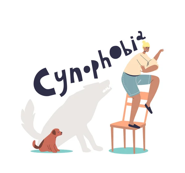 Woman suffering from cynophobia, fear of dogs. Scared cartoon female afraid of small dog puppy — Stockvektor