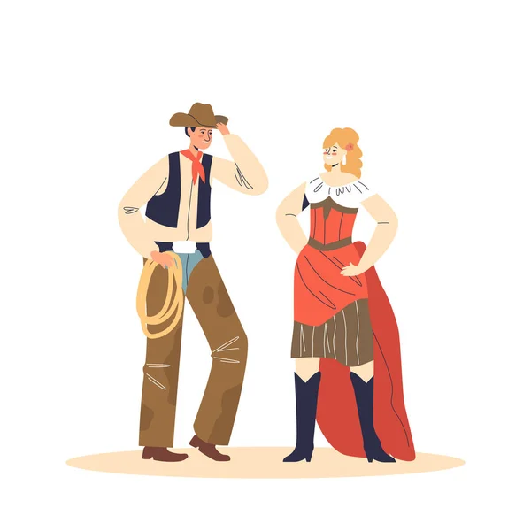 Retro couple cowboy and cabaret dancer woman dressed in traditional country wild west clothes — Vettoriale Stock