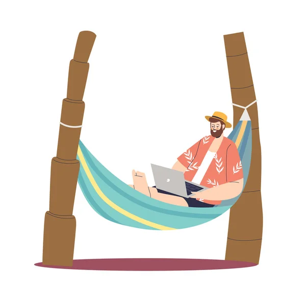 Freelancer guy work on laptop computer lying in hammock on island. Remote freelance occupation — Vettoriale Stock