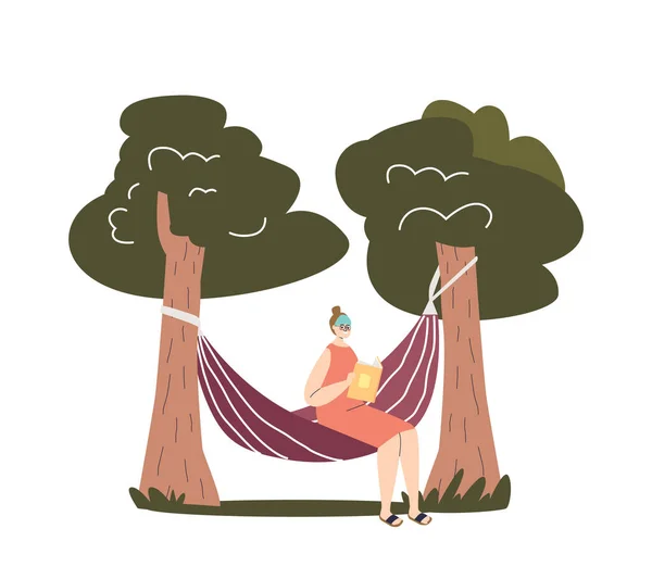 Young woman sit in hammock and read book outdoors in garden or forest. Female relax or study outside — стоковый вектор