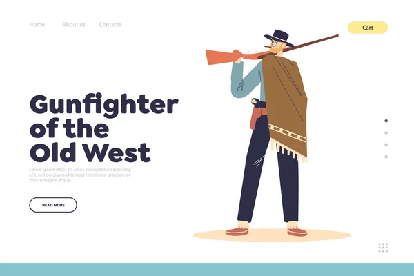 Gunfighter of old west landing page with cowboy man holding gun. Wild west male cartoon character — ストックベクタ