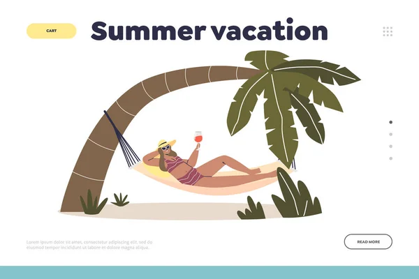 Summer vacation concept of landing page with woman relax in hammock with cocktail on tropical resort — стоковый вектор