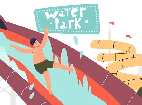 Kid in water park happy sliding to swimming pool from waterslide. Cheerful boy splash in aqua park — Vetor de Stock