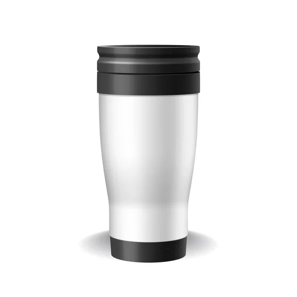 White travel mug, thermal bottle for hot coffee or tea, car or office blank template for branding — Stockvektor