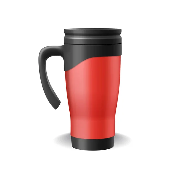 Realistic thermo cup red with black plastic handle isolated. Template travel mugs, tumbler — 스톡 벡터