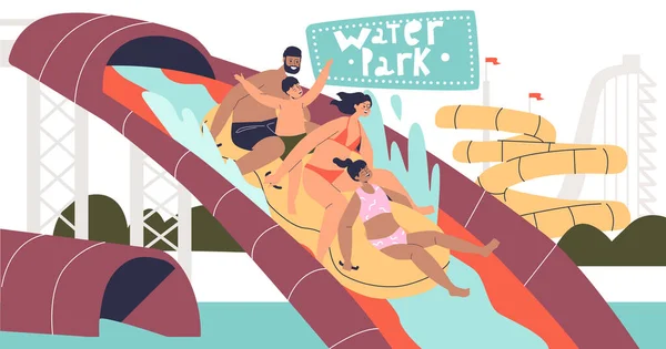 Family together in water park: happy parent and kids sliding waterslide in outdoor aqua park — стоковый вектор