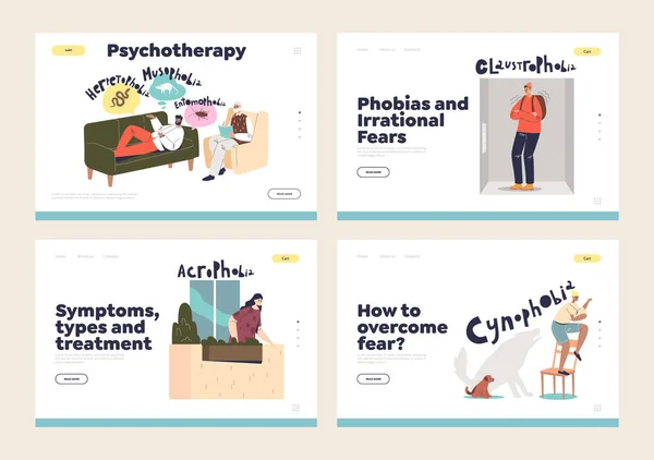 Human phobias and fears treatment concept of landing pages set with people suffering from disorder — Stock vektor