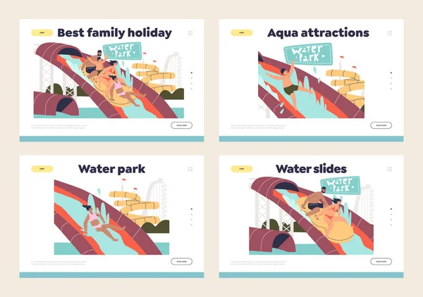 Family holiday in water park set of landing pages with people sliding from waterslides in waterpark — Stock vektor