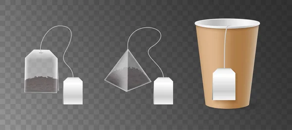 Rectangle and pyramid tea bag and disposable paper cup mock up with black tea inside — Vector de stock