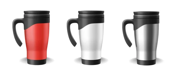 Set of thermo cups realistic blank templates in red, white and silver. 3d travel mug and thermos — Vector de stock