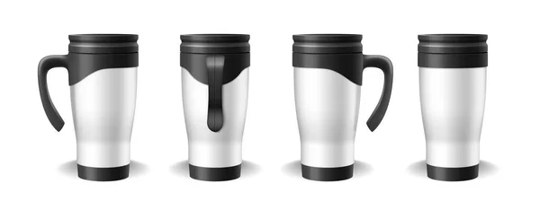 White travel mugs, thermoses for car or office and hot drinks package blank templates for branding — Vector de stock
