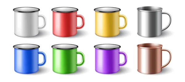 Enamel 3d realistic metal cups set. Colorful metallic mugs isolated on white background — стоковый вектор