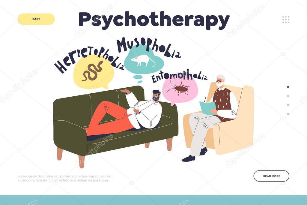 Psychotherapy for phobia treatment concept of landing page with man talk with therapist about fears