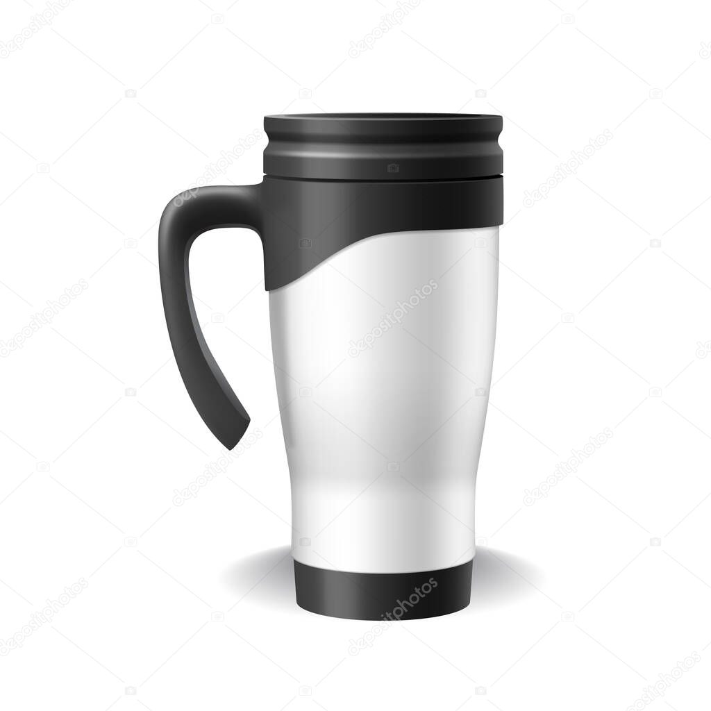 White thermo cup realistic mockup for company identity. 3d travel mug and thermos for hot drinks