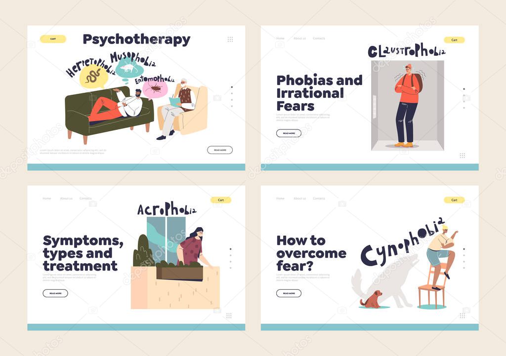 Human phobias and fears treatment concept of landing pages set with people suffering from disorder