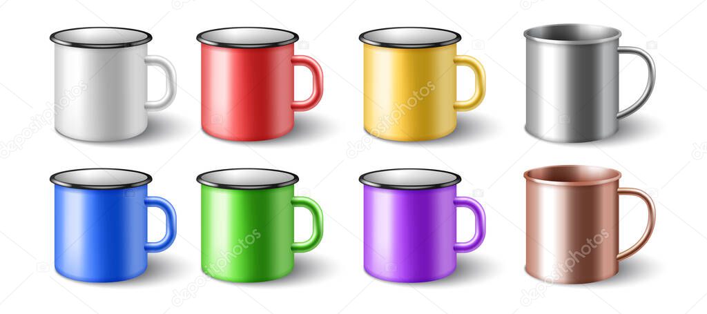 Enamel 3d realistic metal cups set. Colorful metallic mugs isolated on white background
