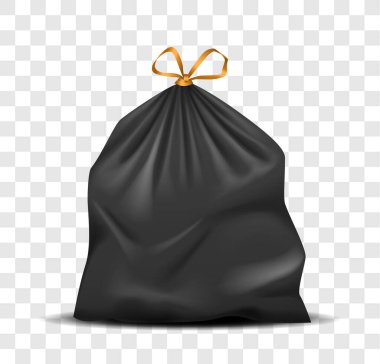 Çöp dolu siyah plastik torba. Geri dönüşümlü ve tek kullanımlık siyah plastik paket