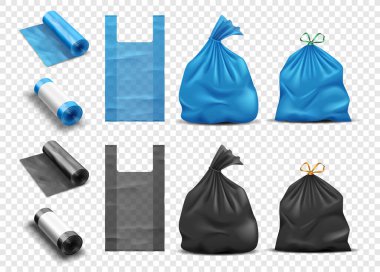 Çöp seti için gerçekçi plastik poşetler. Çöp, çöp torbası ve paket ruloları için paket