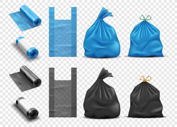 Realistyczne plastikowe torby na śmieci. Pakiet na śmieci, pełny worek na śmieci i rolki paczek — Wektor stockowy